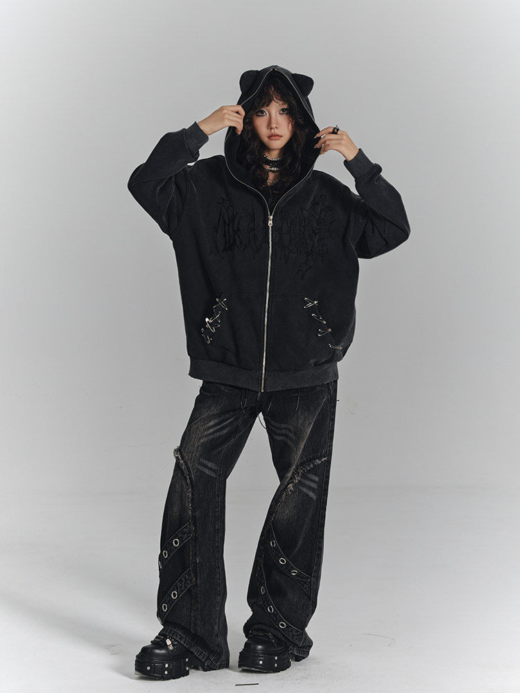 Cat Ear Safety Pin Oversize Zipper Hoodie NA8929