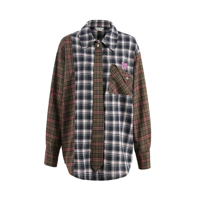 Oversize Patchwork Plaid Long Sleeve Shirt NA4960