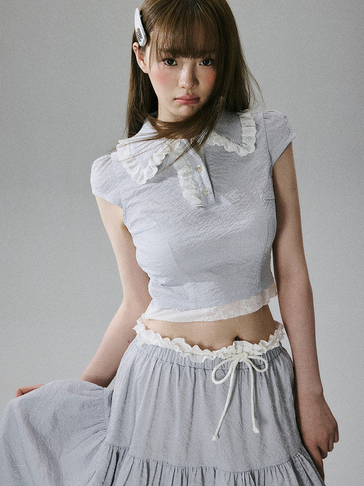 Lace-Trim Short Sleeve Shirt & Drawstring Skirt Setup NA8856