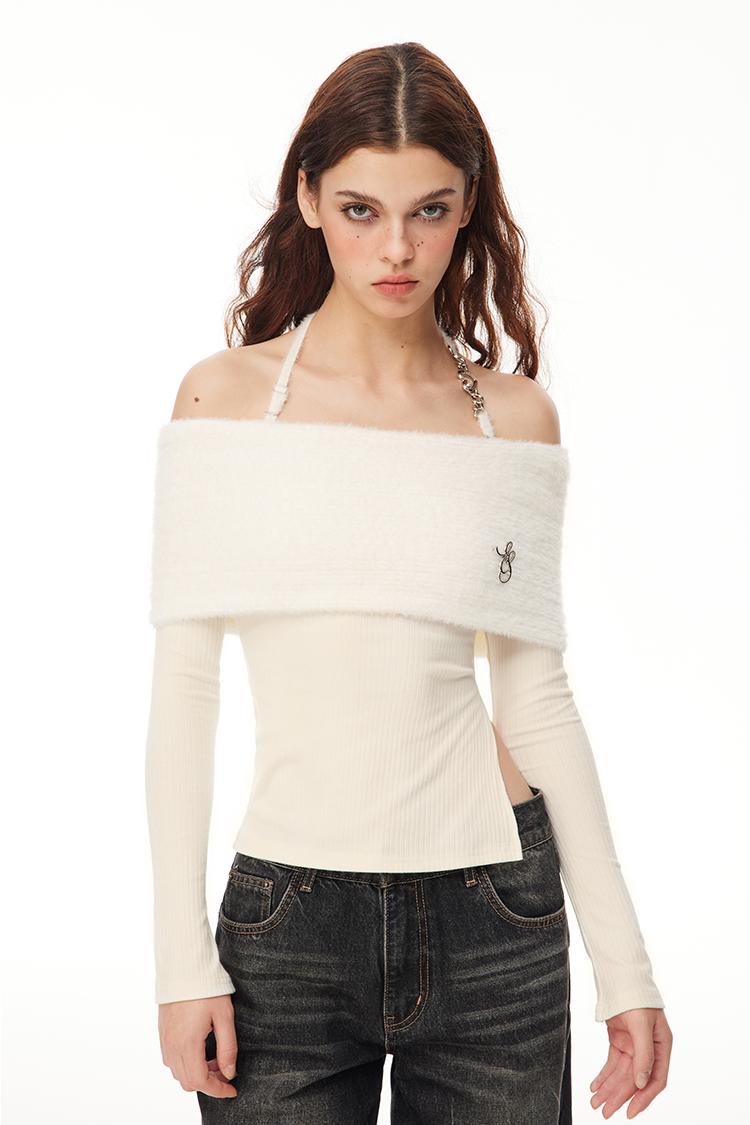 Off Shoulder Furry Design Stretch Knit Top TNA4114