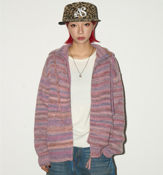 Stripe Hooded Zipper Knit Cardigan NA9026