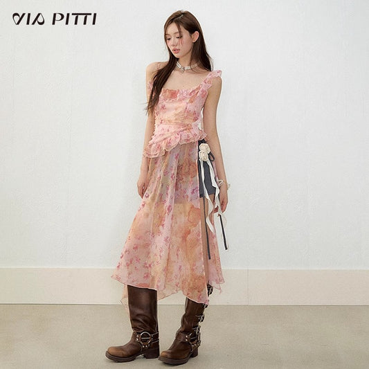 Detachable Strap Floral Long Dress NA4866