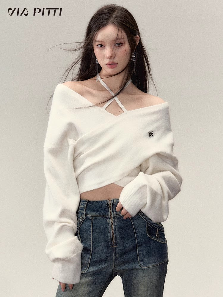 One shoulder Hanging Neck Knit Sweater NA4759