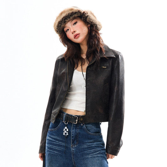 PU Leather Washed Zipper Short Length Jacket NA9387