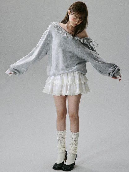 Off-Shoulder Lace Trim Sweatshirt NA8849