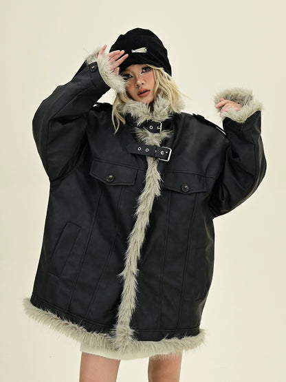 Oversize Fake Fur PU Leather Jacket NA6401