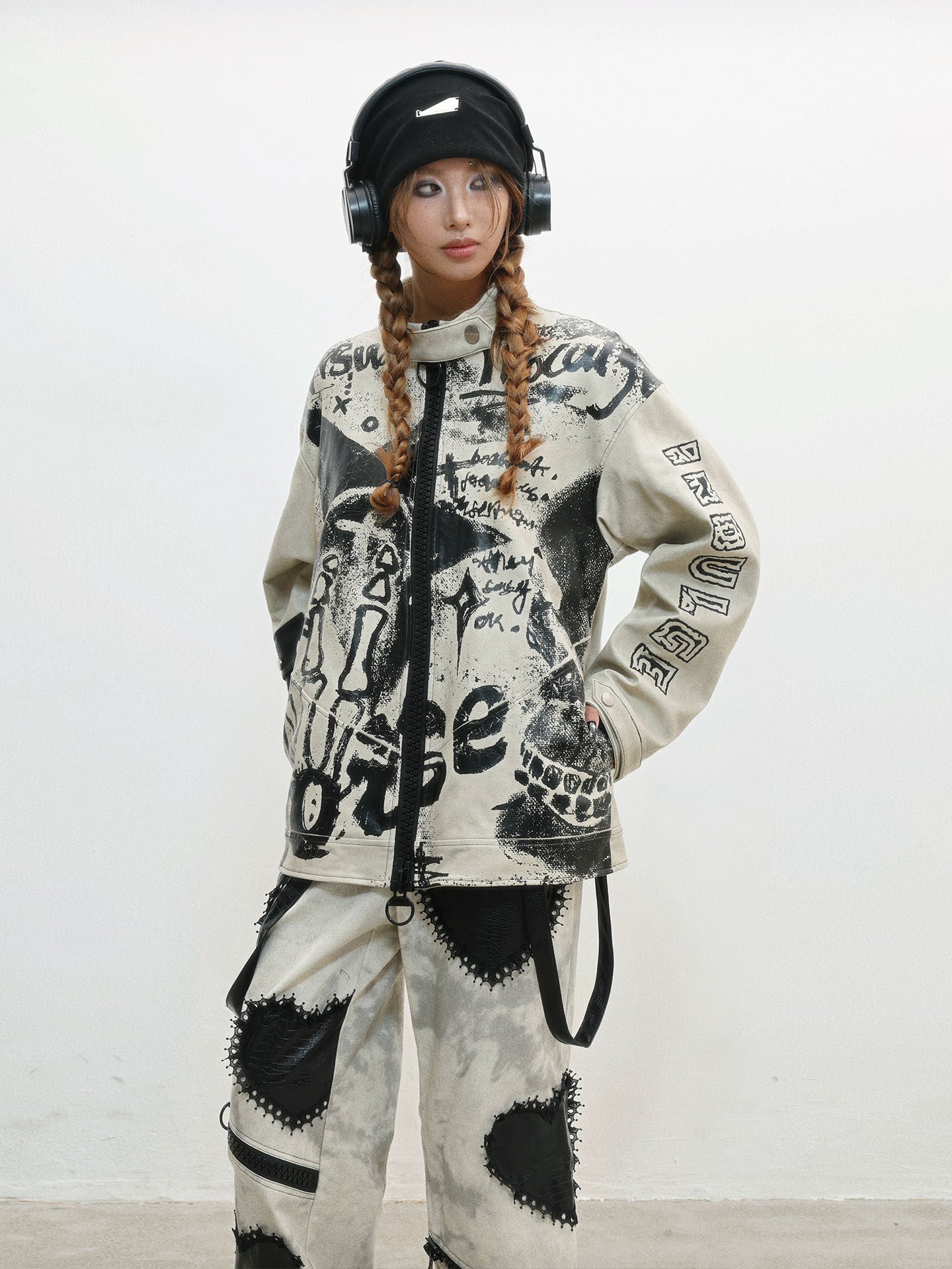 Damage Print Thick PU Leather Jacket NA8556