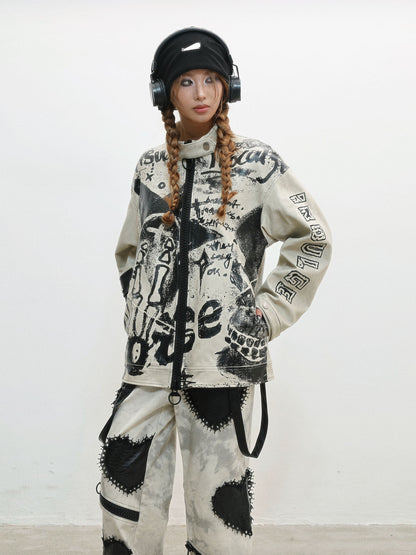 Damage Print Thick PU Leather Jacket NA8556