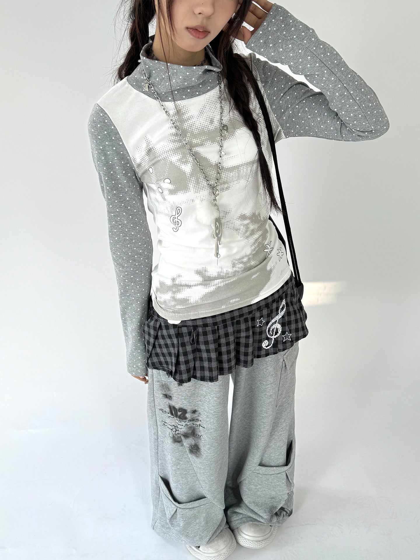 Polka Dot Print High-Neck Long Sleeve T-Shirt NA9249