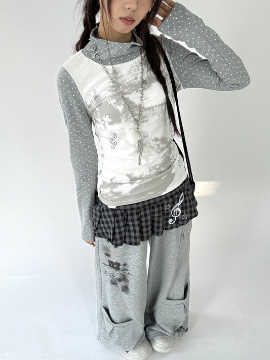 Polka Dot Print High-Neck Long Sleeve T-Shirt NA9249