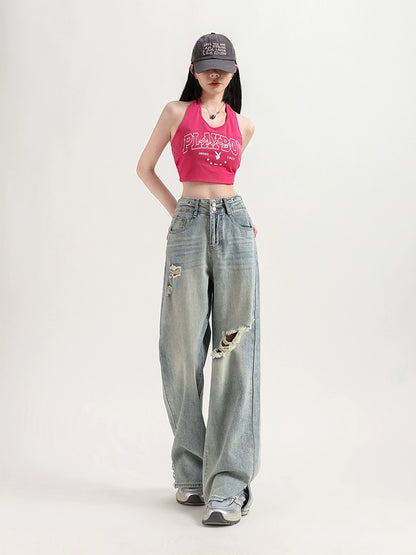 Damaged Wide-Leg Straight Denim Jeans NA3539