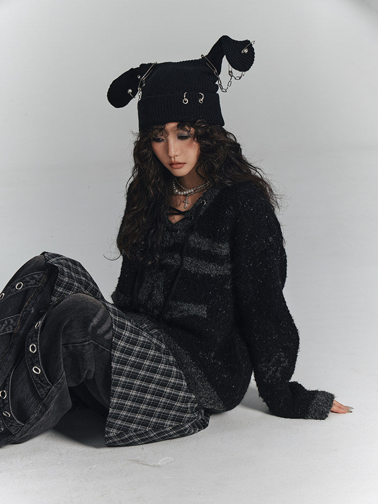 Cross Detail Drawstring Oversize V-Neck Knit Sweater NA8890