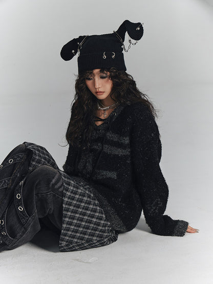 Cross Detail Drawstring Oversize V-Neck Knit Sweater NA8890