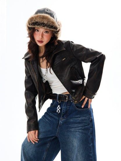 PU Leather Washed Zipper Short Length Jacket NA9387