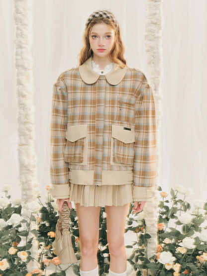 Round Collar Plaid Woolen Jacket & Pleated Short Skirt NA5908