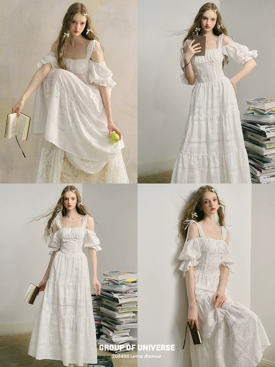 Shoulder Cut Lace Ruffle Long Dress NA5924