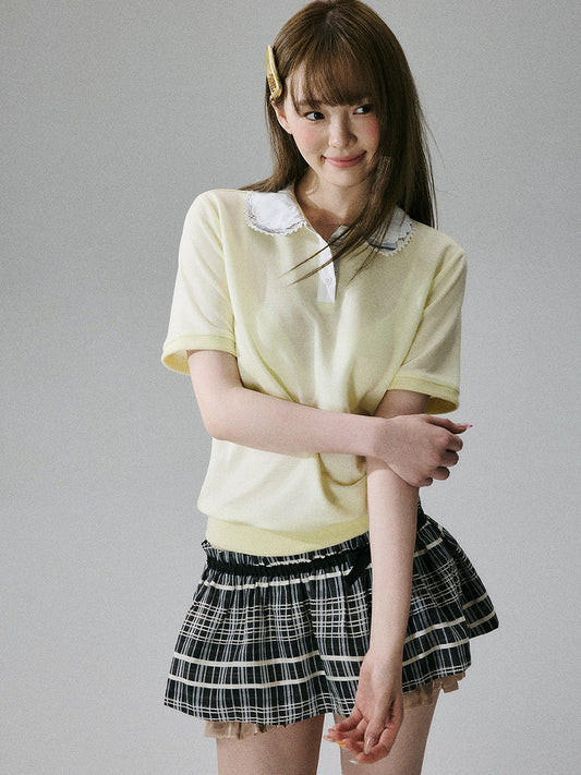 Lace Collar Short Sleeve Polo Shirt NA8845