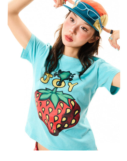 Strawberry Print Cropped Short Sleeve T-Shirt NA9326