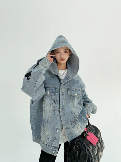 Graffiti Print Oversize Hooded Denim Jacket NA2826