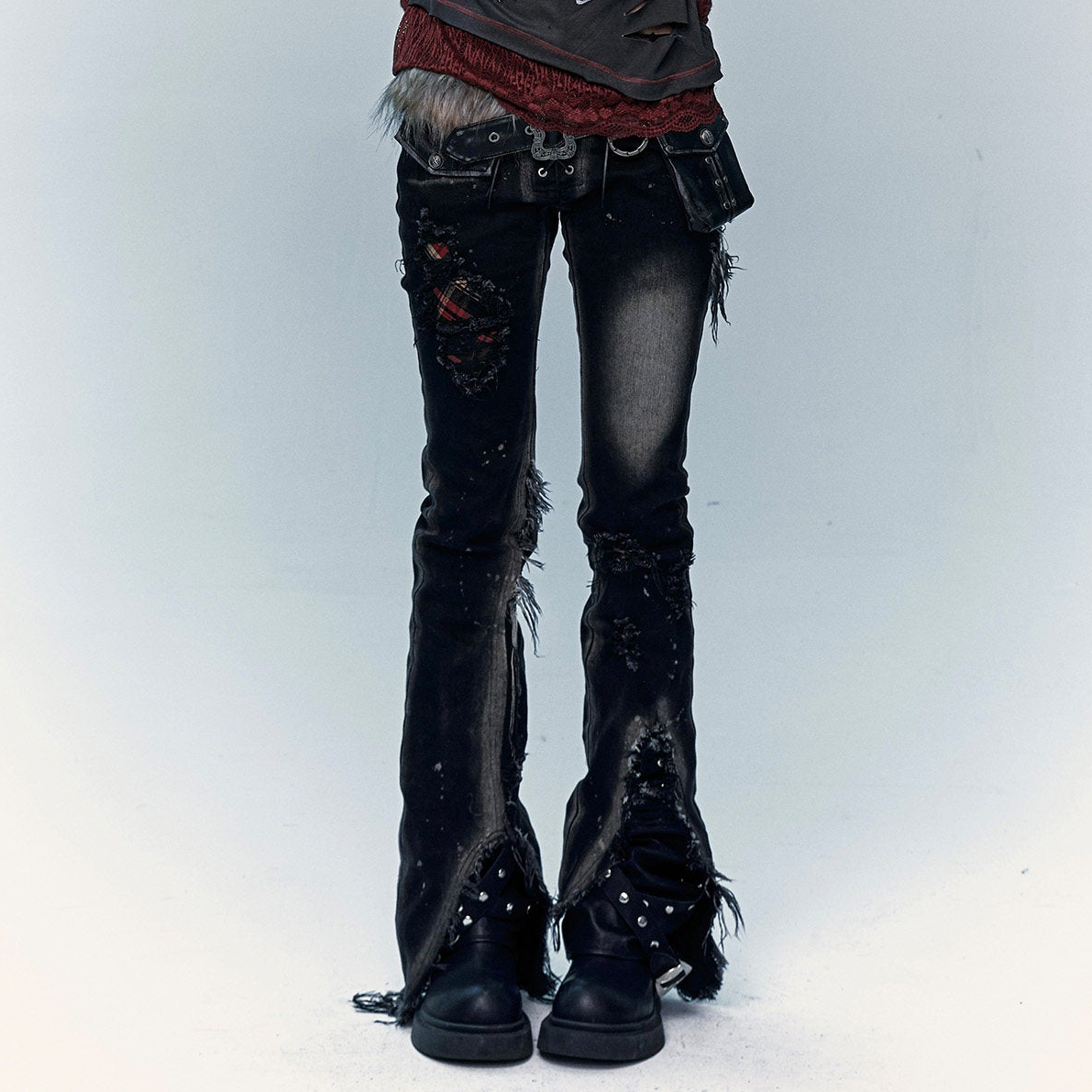 Plaid Patchwork Washed Flare Denim Jeans NA8962