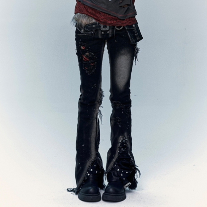 Plaid Patchwork Washed Flare Denim Jeans NA8962