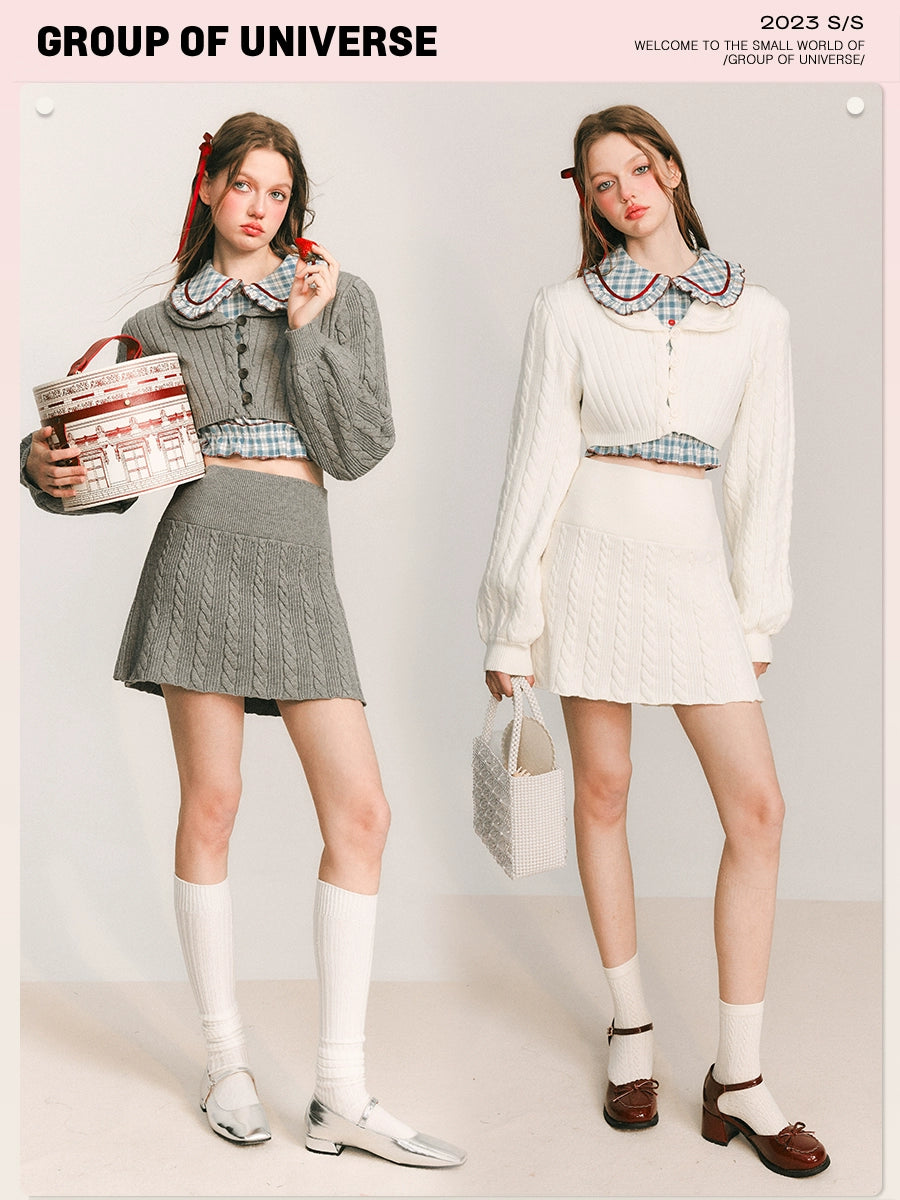 Round Collar Button Knit Cardigan & Knit Short Skirt Setup NA5872