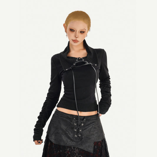 Lace Patchwork Tie Long Knit Long Sleeve T-Shirt NA8591