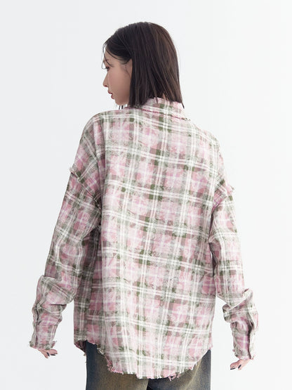 Oversize Pink Plaid Long Sleeve Shirt NA2731