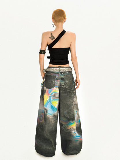 Tie-Dye Wide Leg Color Blended Design Denim Jeans NA8575