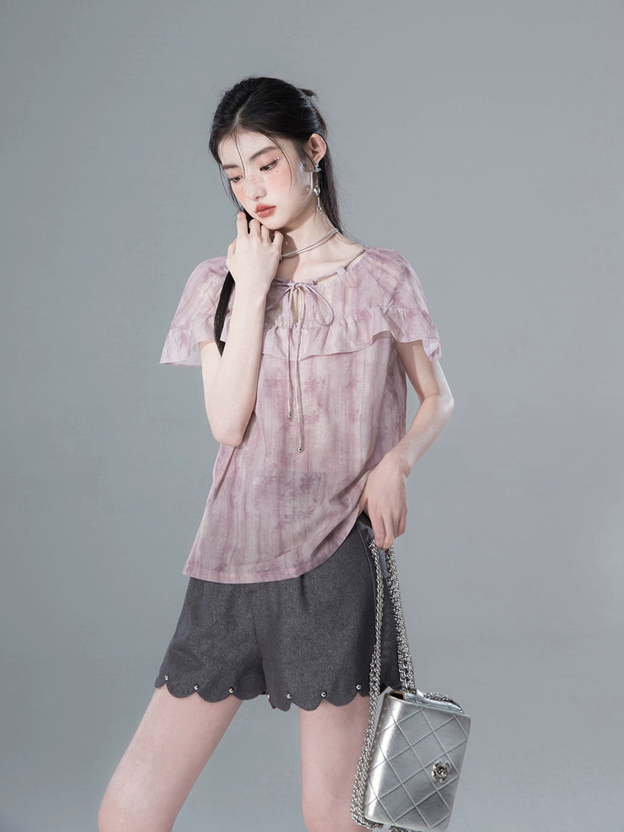 Graffiti Design Chiffon Short Sleeve Shirt & Inner Top NA5561