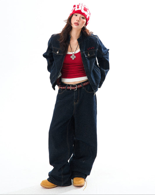 Embroidered Cropped Denim Jacket & Wide-Leg Denim Jeans Setup NA9420