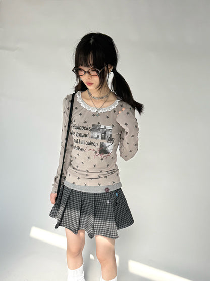 Star Print Lace Trim Fitted Long Sleeve T-Shirt NA9297