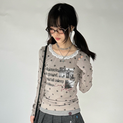Star Print Lace Trim Fitted Long Sleeve T-Shirt NA9297