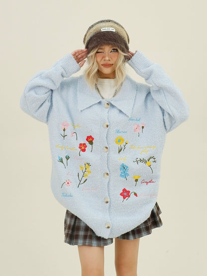 Floral Embroidery Oversize Polo Knit Cardigan NA6328