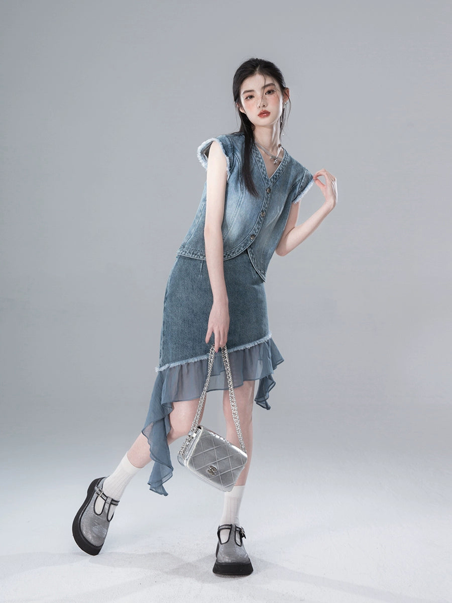 Denim Sleeveless Top & Splicing Bow Denim Skirt Setup NA5555