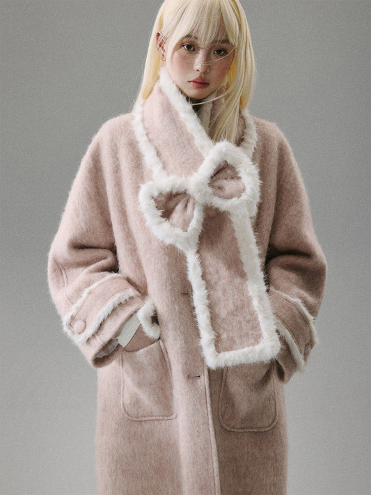 Cherry Blossom Tweed Water Ripple Bow Detachable Scarf Coat NA8818