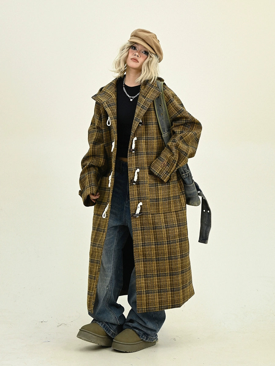 Plaid Hooded Long Coat NA6463