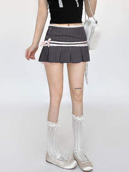 Stripe Bow Pleated Short Skirt NA4548