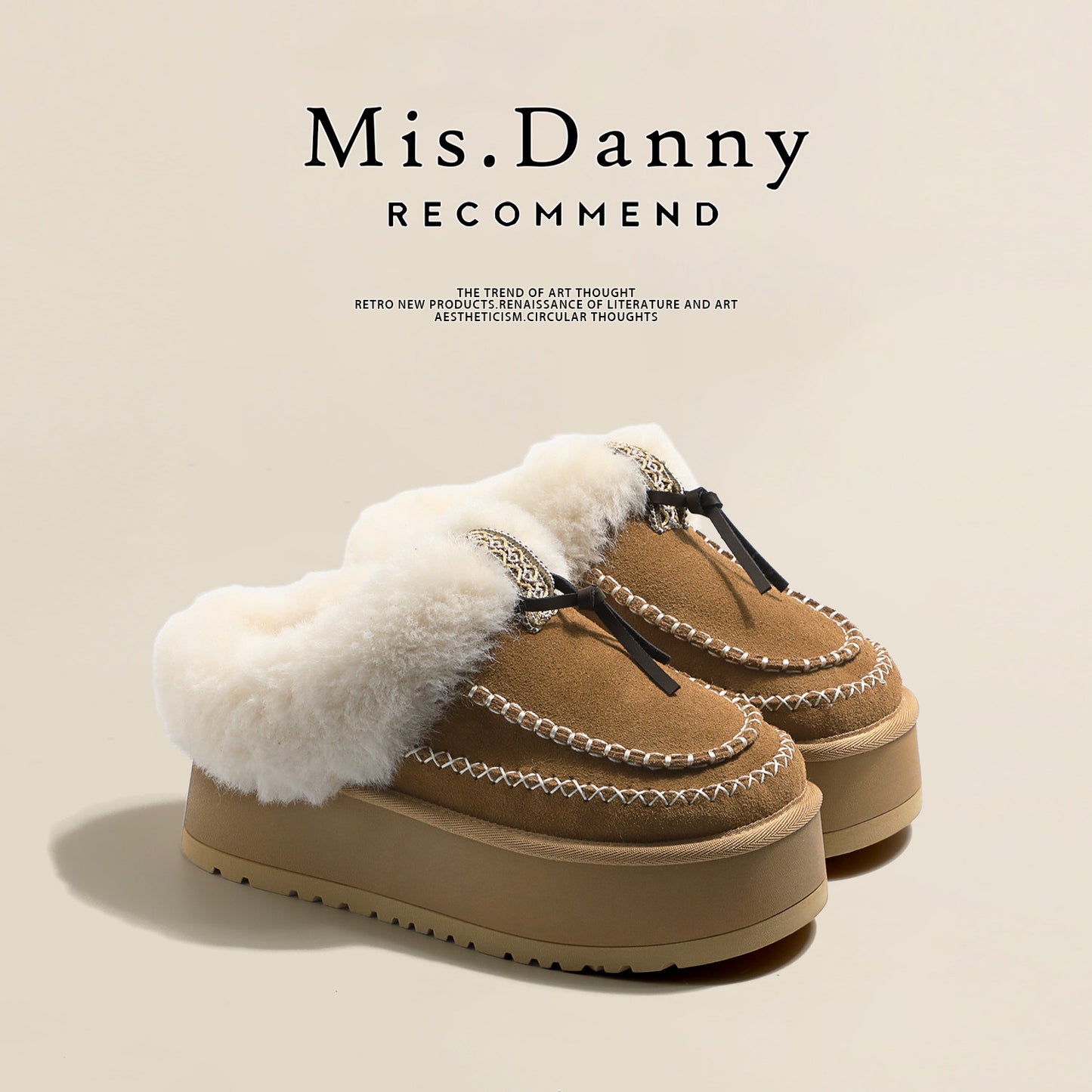 Fake Fur Lined Stitch Detail Platform Mules NA8669