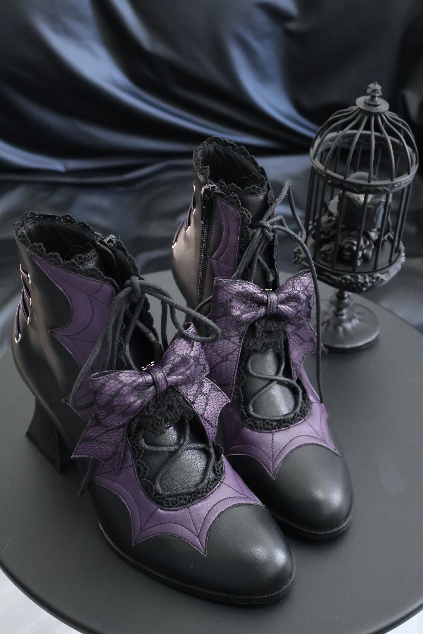 Lace Bow Purple Spider Web Ankle Boots NA8528