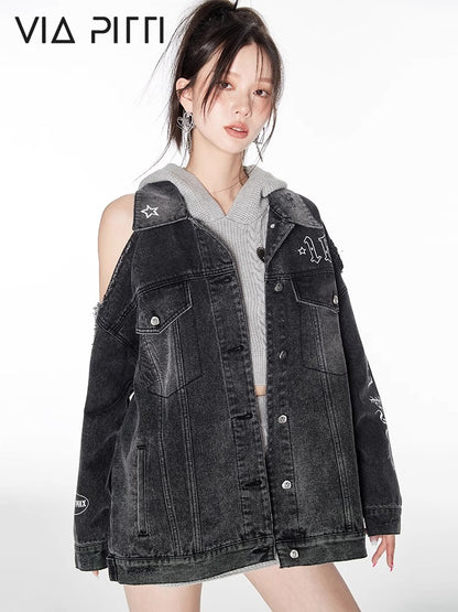 Damaged Shoulder Cut Denim Jacket NA4657