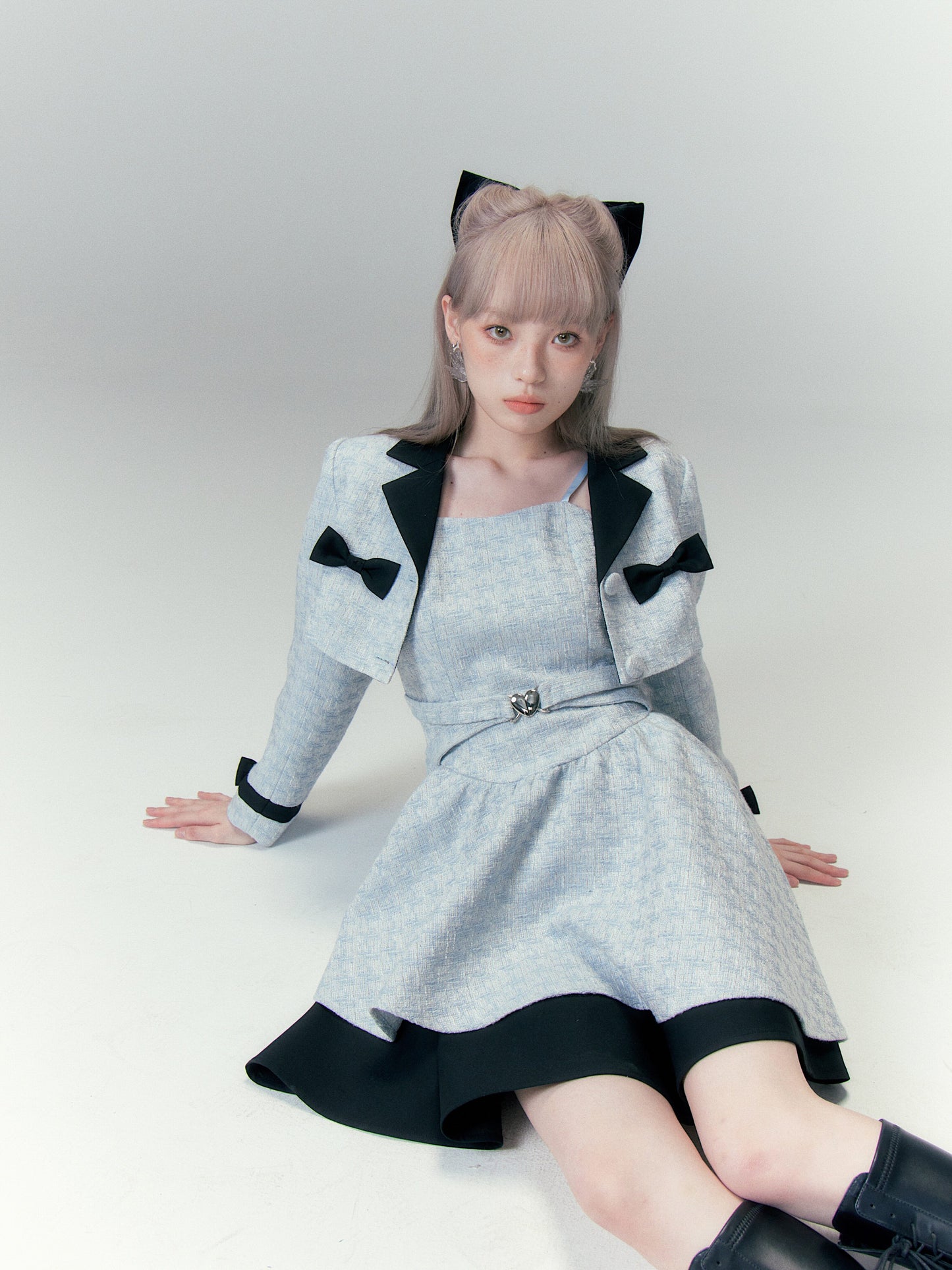 Bow Accent Cropped Jacket & Flared Dress Setup NA8808