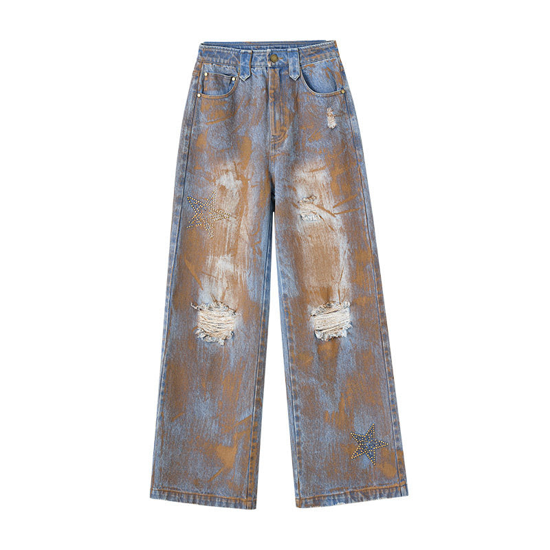 Mud Wash Damage Tie-Dye Wide Leg Straight Denim Jeans NA8928