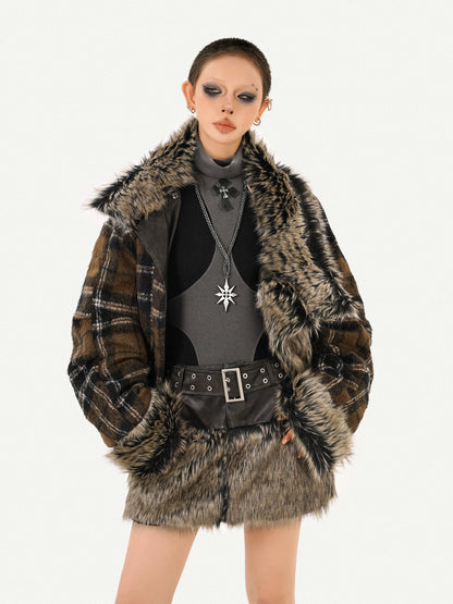 Reversible Fake Fur PU Leather Jacket & Skirt Setup NA8600