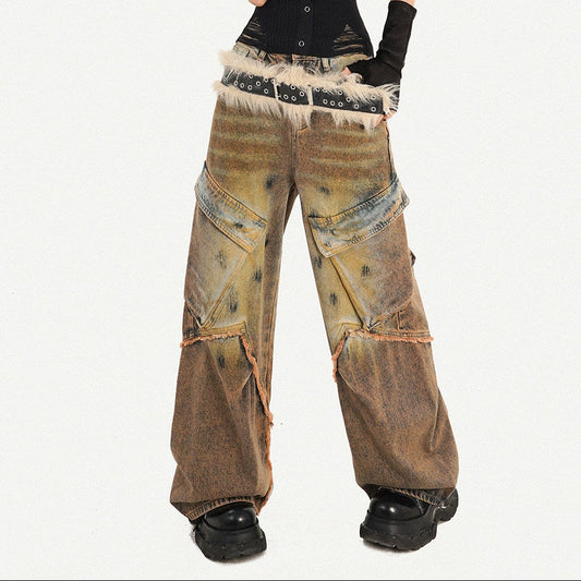 Damage Heavy Craft Large Pocket Wide Leg Denim Jeans NA8574