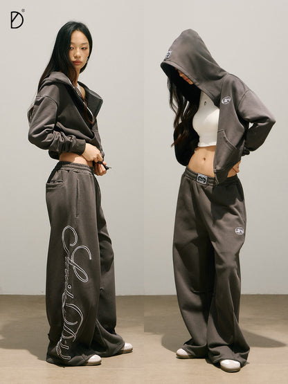 Letter Print Zipper Hoodie & Letter Print Wide Leg Sweatpants Setup NA8937