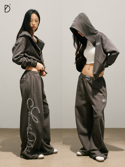 Letter Print Zipper Hoodie & Letter Print Wide Leg Sweatpants Setup NA8937