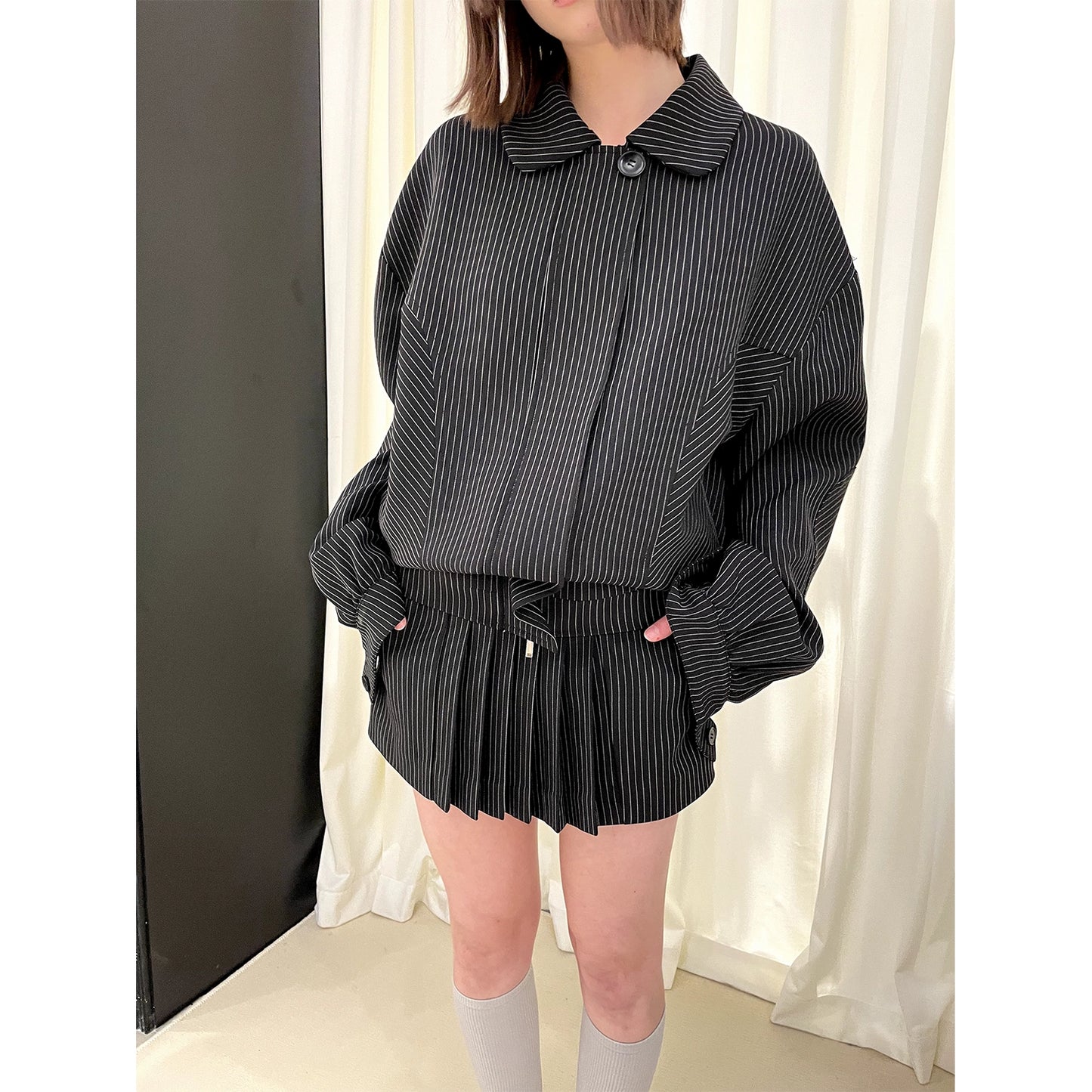 Stripe Polo Collar Jacket & Pleated Short Skirt Setup NA5986