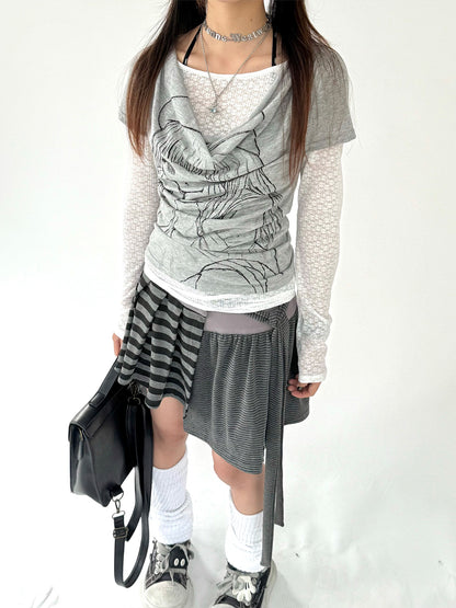 Fake Layered Draped Print Long Sleeve T-Shirt NA9242