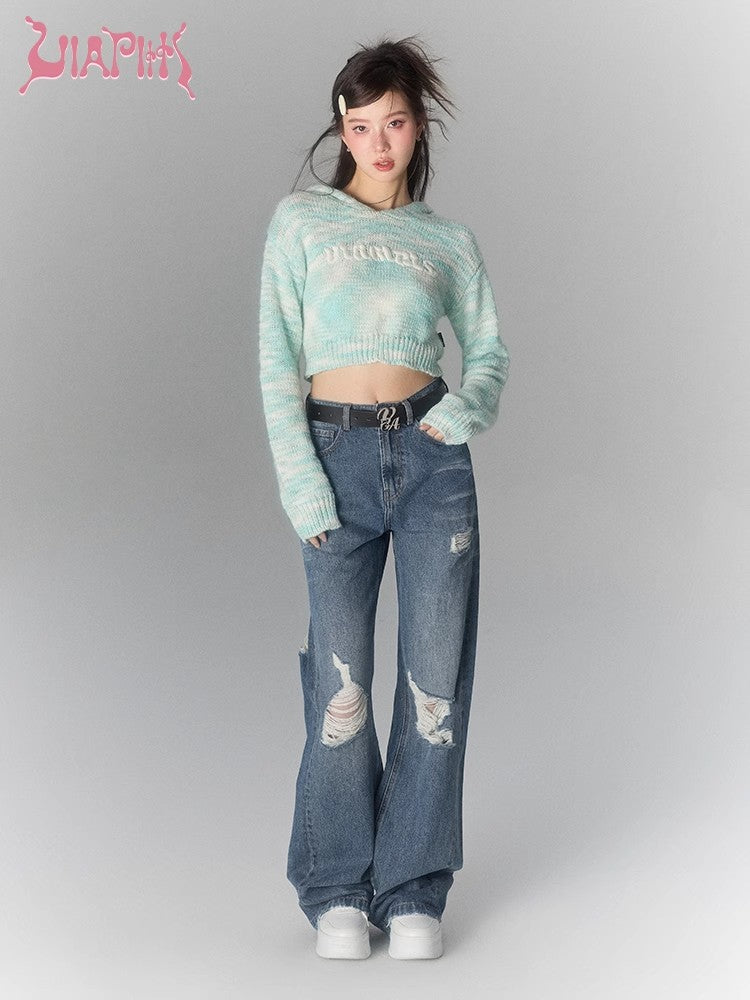 Damaged Wide-Leg Straight Denim Jeans NA4933